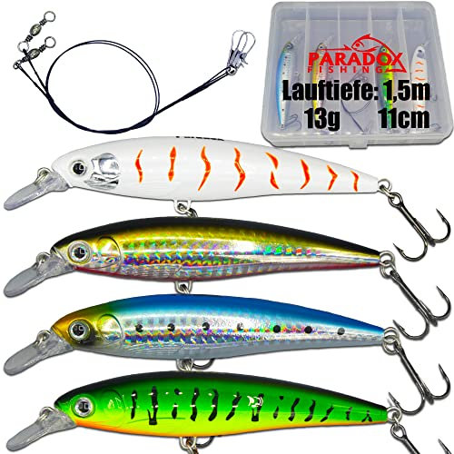 Paradox Fishing Premium Zander Wobbler Set I 4 Stück 13g 11cm mit Box I Hecht-Köder Zander-Köder Barsch