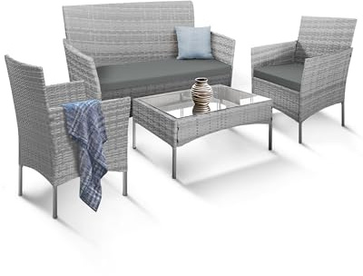 KEPLIN 4 Piece Rattan Garden Furniture Set – Outdoor Sofa, 2 Chairs & Tempered Glass Coffee Table, Durable Weather-Resistant Wicker Patio Lounge Set with Cushions for Garden, Balcony & Patio (Grey)