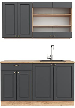 Vicco Singleküche Fame-Line, Anthrazit Landhaus/Goldkraft Eiche, 140 cm ohne Arbeitsplatte
