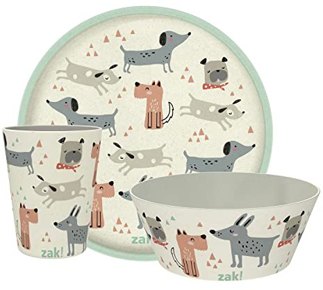 Zak Designs Kids Dinnerware Set 3 Pieces, Durable and Sustainable Melamine Bamboo Plate, Bowl, and Tumbler are Perfect For Dinner Time With Family (Dog)