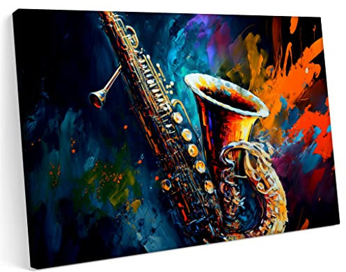 Printonia Bilder Leinwandbild 120x80cm Saxophon Musik Ton Konzert Abstrakt Farben Kunst Kunst Neon Graffiti