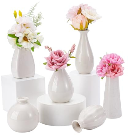 nbeads 6 Stück Mini Keramik Blumenvase, 5 Glatte weiße Vasen 1 Modell mit Punkten-Muster Rustikale Bauernhaus-Dekoration Kleine Tischvasen Für Blumen Kleine Pflanzen Florale Esszimmer Dekoration