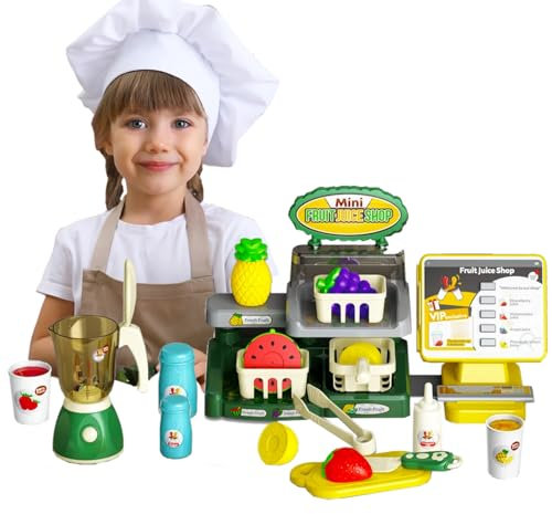 COO11 Kids Toy Till with Electronic Cash Register - 28Pcs Mini Fruit Juice Shop Playset with Toy Blender, Electronic Till, Cutting Fruits, and Play Money for Boys and Girls Ages 3+Years