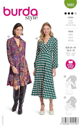 Burda Schnittmuster, 5885, Casual-Kleider selber nähen [Damen, Gr. 34-44] Level 3 für Fortgeschrittene