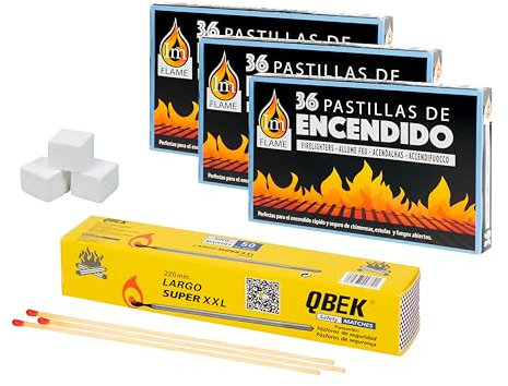 Pastillas Encendido Chimenea con Pack de 50 fósforos para Prender Fuego en chimeneas, barbacoas, hornos de leña, carbón, etc. - Enciende Fuegos fácil y rápido (108 Pastillas + 50 fósforos)
