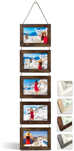 NEOWS Set Cornici Foto Multiple da Parete con Corda - Portafoto Multiplo Decorativo con Cornici in Legno - Collage Foto da Appendere al Muro- Cornici 10x15 cm (Legno Invecchiato, 5 Foto Orizzontale)