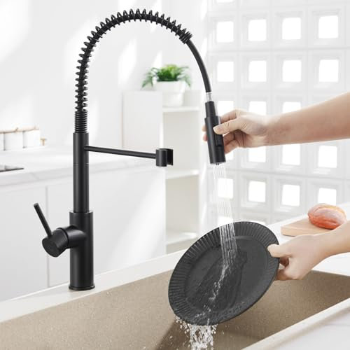CECIPA Hochdruck Wasserhahn Küche Schwarz mit 2 Strahlarten, Hoher Bogen Küchenarmatur mit Herunterziehen Brause, Spiralfeder Armatur Küche Schwarz 360° Drehbar, Einhebel Spültischarmatur mit Brause