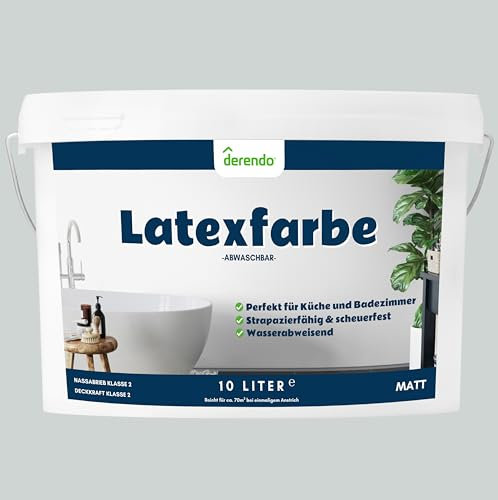 derendo Latexfarbe grau hellgrau matt abwaschbar 10 Liter für Innen Küche Badezimmer streichen graue Wandfarbe hohe Deckkraft 10l