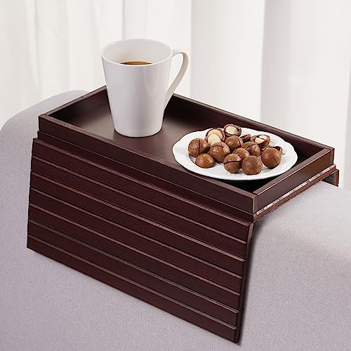 GEHE Bamboo Sofa Arm Tray, Foldable Couch Arm Tray Side Table, Anti-Falling Armrest Tables Cup Holder for Snacks, Drinks, Beers, Phone, Control, Flexible and Portable, Anti-Slip Bottom