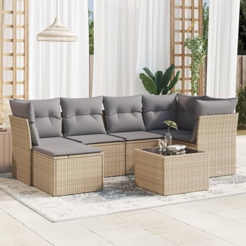 ULUYYUC 7-TLG. Garten-Sofagarnitur, Eckbank Küche Schlafsofa Hocker Küchensofa Geeignet für Garten Balkon Hinterhof Außenbereich mit Kissen Beige Poly Rattan