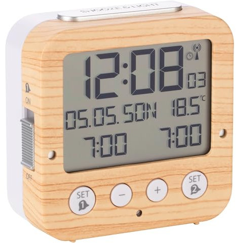 TFA Dostmann Bingo Funk-Wecker, 60.2528, mit autom. Hintergrundbeleuchtung, Datum, Temperaturanzeige und Zwei Weckzeiten, L 81 x B 33 x H 81 mm, Holzoptik, Weisse Tasten