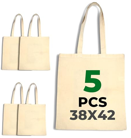 LYRVON 5 | 10er Pack PREMIUM Baumwolltasche 38 x 42 cm, Stofftaschen zum bemalen oder Besticken, Stoffbeutel mit Langen Henkeln, Unbedruckt