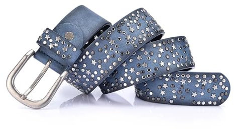 GOFDASY Damen-Nietengürtel, Punk-Rock-Stil, männlicher Gürtel für Damen, PU-Leder, Pailletten, Metallschnalle, breite Metallsternnietenperle, blau, 105 cm