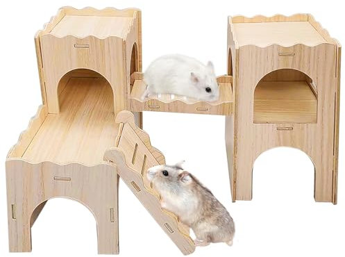 Hamsterhaus aus Holz - Mehrkammernhaus Groß, Eckhaus, Versteck - Zubehör für Käfig - Geeignet für Zwerghamster, Rennmäuse, Ratten, Meerschweinchen