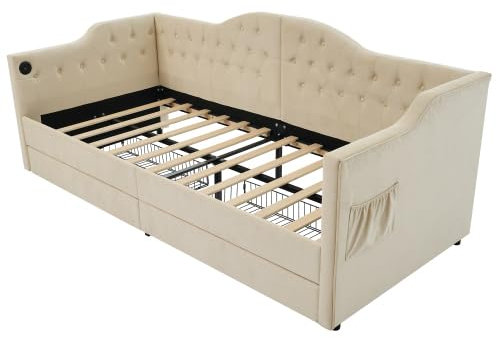 Schlafsofa, umwandelbares Schlafsofa, gepolstertes Chaiselongue-Schlafsofa, Stauraumbett, Bettrahmen mit USB-Typ-C-Aufladung und 2 Schubladen, 90 x 190 cm, beige Samt (Matratze nicht im Lieferumfang e