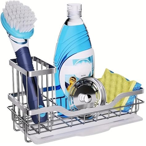 Selbstentleerendes Spülbeckenregal aus Edelstahl für Küchenspüle, Organisation, Seifenschwammhalter und Abflussgestell (Silber)