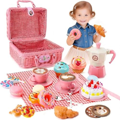 Kids Tea Picnic Toy with Woven Basket,Pretend Role Play Toy,Play Food Sets for Children,Mini Afternoon Tea Party Set,Gifts Presents for 3-12 Years Toddler Girls & Boys Children (Pink)