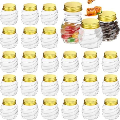 Suclain 25 tarros de plástico de panal de abeja de 4 onzas con tapas doradas, mini tarros de miel de boca ancha, tarros pequeños para especias, fiestas, recuerdos de boda, baby shower, regalo de