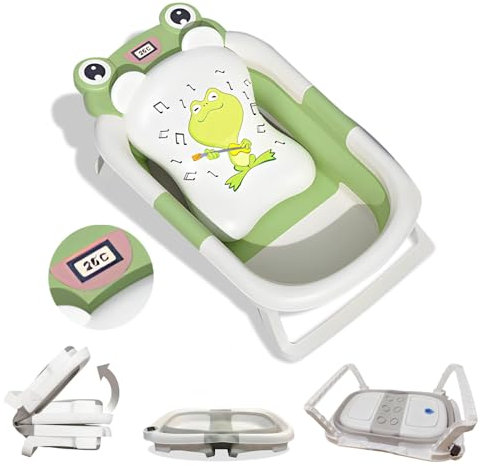 BAÑERA PLEGABLE BEBÉ 5 EN 1 Termómetro + Cojín Protector + Patas Antideslizantes + Tapón de Seguridad | Bebé Recién Nacido | Diseño Plegable en 2 | Fácil de Guardar y Transportar (VerdeRana)