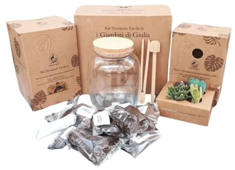 Kit Terrarium DIY pour plantes succulentes – Les jardins de Giulia – Avec vase en verre, bouchon en liège, plantes succulentes, accessoires, substrats et éléments décoratifs – Facile à assembler