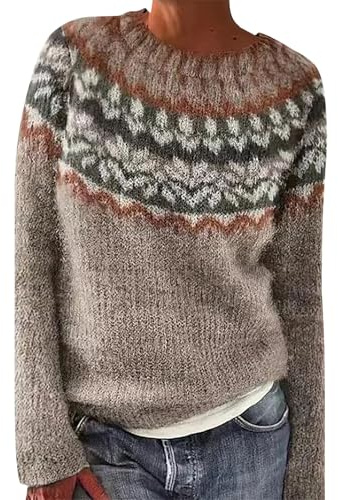 YEBIRAL Pullover Damen Baumwolle Norweger Pullover Damen Original Weihnachten Pullover Winter Kaschmir Pullis Langarm Oberteile Elegant Rundhals Casual Warm Winterpullover Strickpullover Jumpers