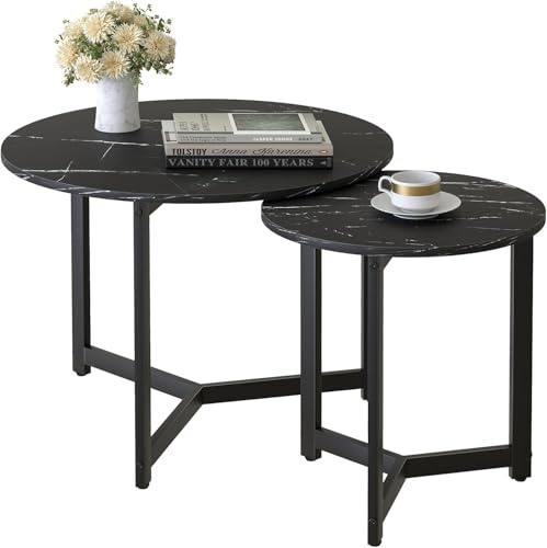 Huhote Nesting Tables, Round Coffee Tables, Set of 2 End Table, Side Table with Metal Frame for Living Room/Bedroom/Balcony/Office/Apartment, Diameter 23.6/15.7 IN (Black Frame, Black Top)
