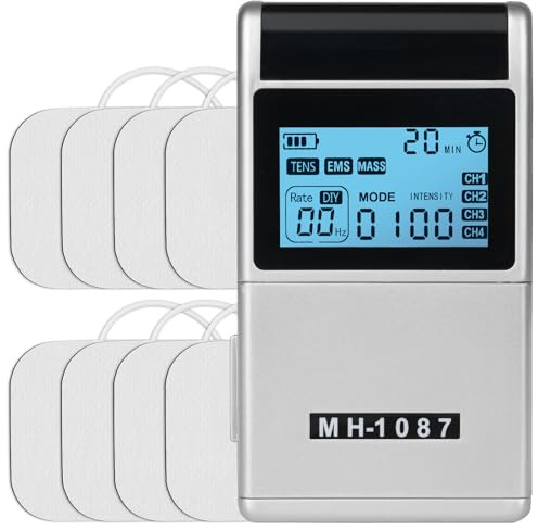 Aolso Electroestimulador Muscular, TENS/EMS/DIY Equipo Tratamiento del Dolor con 48Modo, 4 Canales 8 Electrodos Electroestimulador Recargable con Función Masaje, Para Alivio del Dolor y Entrenamiento