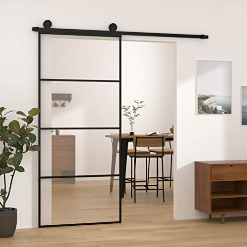 Homgoday Schiebetür mit Beschlag Schiebetürsystem Glasschiebetür Glastür Tür Schiebetürbeschlag Schiebetür Innentür Moderne 90 x 205 cm ESG-Glas & Aluminium