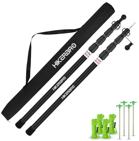HIKERBRO Tarp Poles, Telescoping Tent Pole Set of 2, 7.7ft Aluminum Lightweight Portable Support Rod with Protection Cap, for Camping, Awning, Sun Shades,Rain Fly, Free Guylines & Stakes (2 Poles)