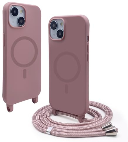 VAVAVOOMY Handykette Hülle für iPhone 15(6.1) mit Band Halsband Lanyard (abnehmbar) Handyhülle, Verstellbarer Lanyard.Magnetisch Stoßfest Silikonhülle Wireless Charging kompatibel .-Rosa