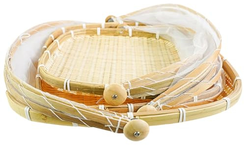 3PCS Bamboo Food Tent, 11/14/16 Inch Square Fruit Basket with Lid, Dustproof Mesh Food Covers for Vegetable Fruits Meals, Bread Serving Baskets