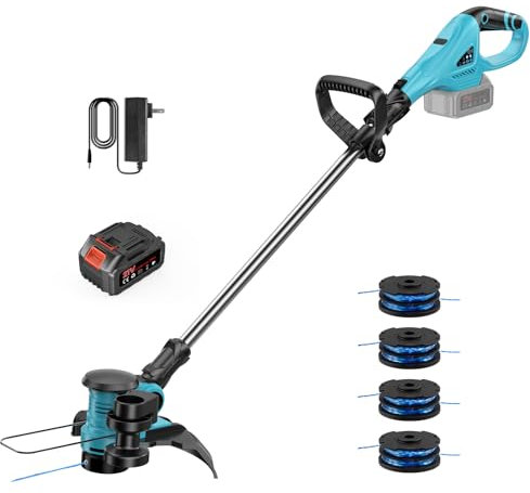 Decespugliatore con Batteria,Tagliabordi a Batteria 4.0 Ah,Decespugliatore Elettrico e 4 Bobine di Ricambio,Tagliabordi Elettrico per Giardino. (Una batteria)
