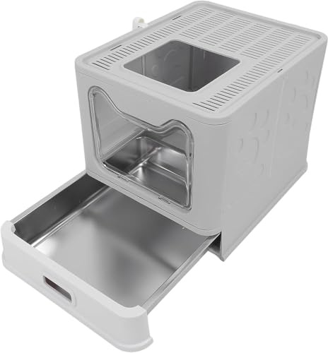 Caja de arena para gatos de acero inoxidable cerrada con cajón, tapa y cuchara para control de olores y fácil limpieza