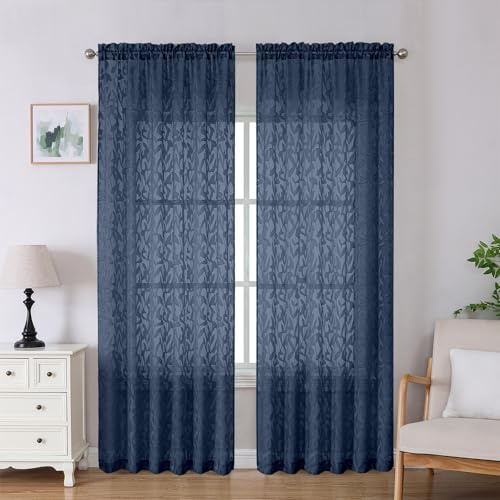 Lecloud Leia Navy Blue Sheer Curtains 90 Inches Long 2 Panels, Airy Leaf Textured Jacquard Drapes, Light Filtering & Privacy Dual Rod Pocket Window Curtains for Living Room Bedroom, 52 W x 90 L