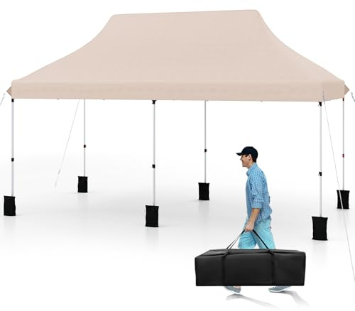 COSTWAY Gazebo Pieghevole da Giardino 3 x 6m, Gazebo Pop-up con Borsa da Trasporto, Regolabile in Altezza, per Feste (Beige)