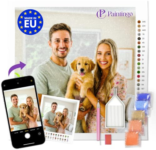 PAINTINGO Diamond Painting eigenes Foto 50x50 cm - Geschenk Erwachsene | Nur Leinwand, 25% Extra-Diamanten, 5D Harzsteine, Komplett-Set mit Zubehör, Made in EU, Ideal als Geschenk & Wanddeko