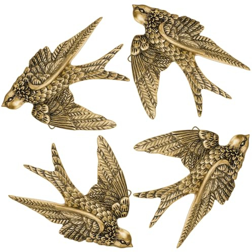 4 Pcs Vintage Bird Wall Sculpture Decor Art 4.7 Inch Antique 3D Sculpted Hanging Bird Resin Wall Art Golden Brass Floating Ornament for Living Room Garden Outdoor, Gifts for Couples Housewarming