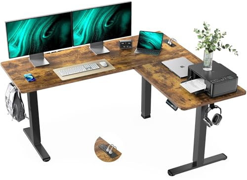Marsail 63×55 in Electric Corner L-Shaped Standing Desk with 4-in 1 Electical Outlet, Computer Desk with Headphone Hook, Memory Sit Stand up Home Office Table, Ergonomic Gaming Table,Brown