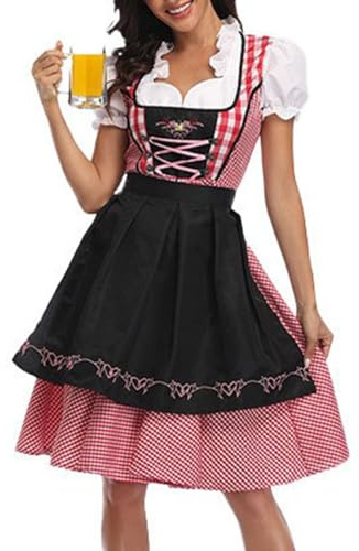 Dirndl Femme Robe Costume de Fête de la Bière 3 Pièces Chemisier Sexy Robe à Carreaux Manches Courtes Bavarois Oktoberfest Tablier Jupe Midi pour l'Oktoberfest Robes Carnaval Fête de la Biere