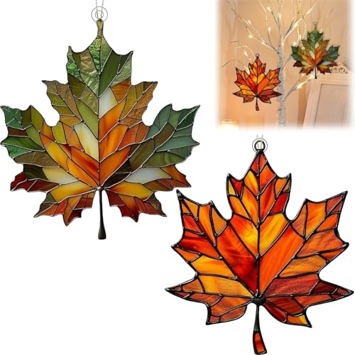 2Pcs Maple Leaves Suncatchers,10X7.8cmAutumn Fall Leaves Wall Decor,Maple Leaves Acrylic Window Hanging Ornament,Window Decorations,Stained Glass Window Hanging,Autumn Harvest Decoration(Green+Yellow)