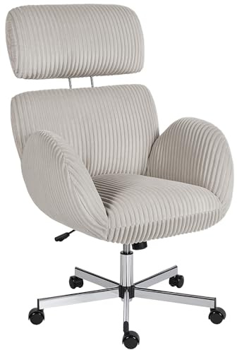 HOMCOM Silla de Oficina Piernas Cruzadas, Silla de Escritorio con Reposabrazos, Respaldo Alto, Reposacabezas Regulable, Ruedas, Altura Ajustable, Giratoria, Función Basculante, Tapizada en Pana, Gris