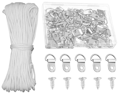 30m x 2mm Picture Hanging Cord, White Roman Blind Cord, Nylon Picture Hanging String, Pictures Frame Hanging-Wire with 50 D-Ring Hooks and 50 Screws
