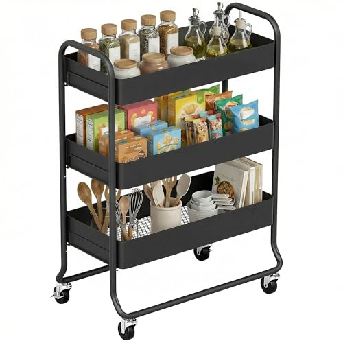 HOMCOM Küchenwagen Rollwagen mit 3 Ebenen Servierwagen mit Körbe Griff, Küchenregal mit Rollen, Bremsen Aufbewahrungswagen aus Metall für Küche Bad Büro Wohnzimmer 64,5x34x 87cm Schwarz