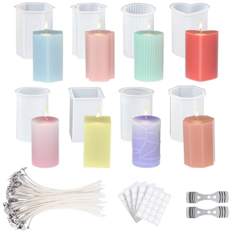 8 Stück Silikonform Weihnachten für Kerzen Selber Machen Set, H 7.2*B 5.5 cm Handwerk Kerzenformen Silikon, Kleine Kerzen Silikonformen für Duftkerzen Ausgestattet mit einem 9 cm langen Docht