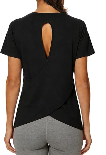 Wayleb Maglia Sportiva Donna Girocollo Manica Corta Tessuto Elasticizzato Traspirante per Fitness e Yoga Nero L