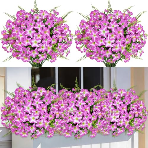 9 Bundles Artificial Plants Fake Fuchsia Petunia Flowers for Outdoor Decor | UV Resistant Faux Look Real Morning Glory with Eucalyptus Greenery for Indoor Yard Garden Window Vase Porch Patio Home