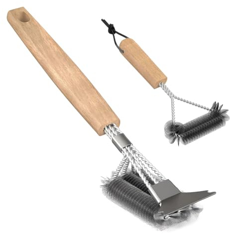 Grillbürste mit Holzgriff 2 Stück, 39 cm Grillbürste mit Edelstahl Schaber, Dreieckig 360° mit Edelstahl Schaber Edelstahlborsten, Grillzubehör