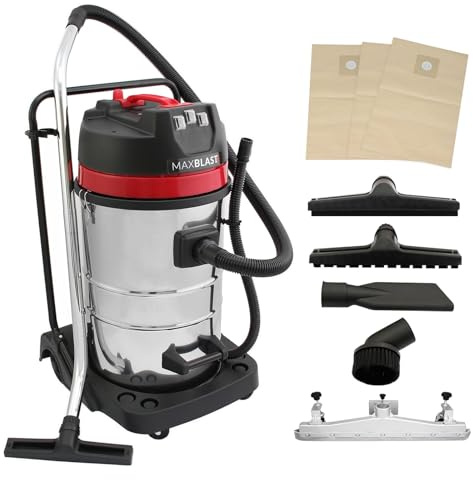 Aspiradora Industrial en Seco y Húmedo de Acero Inoxidable de 80L, 5 Accesorios+ 3 Bolsas Incluidas, 3000W Motor Triple, Filtro de Tela, Manguera 1.5m, Cable 9m, con/sin Bolsa, Limpieza Comercial