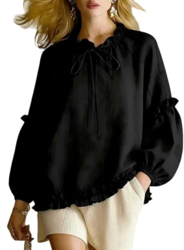Générique Elegant blus, långärmad, ståkrage, inbyggd snörning, enfärgad, perfekt för vår och höst