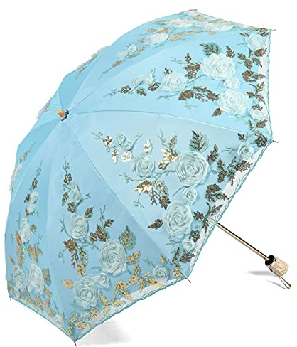 LCY Womens Anti-UV Lace Embroidery Folding Sun Parasol Rain Umbrella Wedding Umbrella-Blue